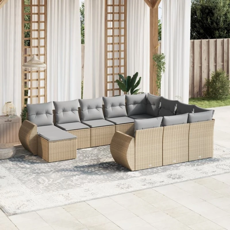 Havesofasæt 11 dele i polyrattan med hynder - Beige
