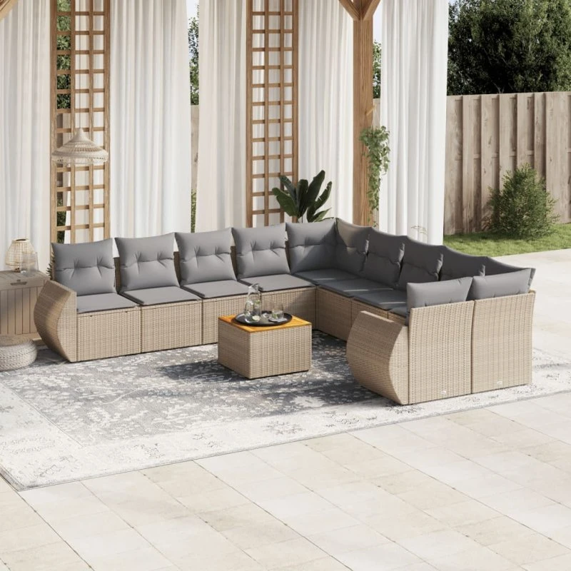 Sofasæt til haven 11 dele i beige polyrattan med hynder