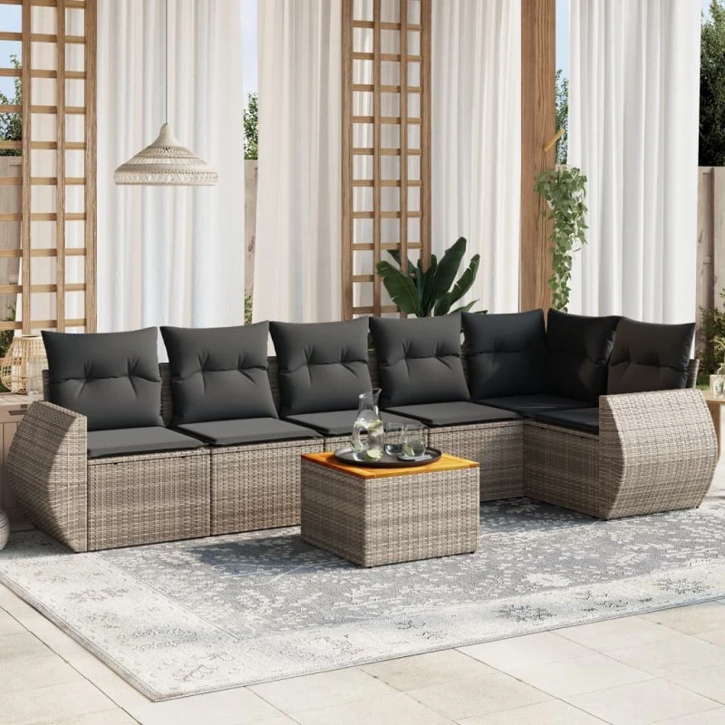 Havesofa sæt 7 dele i grå polyrattan med hynder