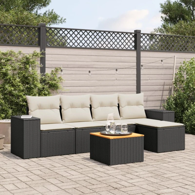 Havesofasæt 6 dele i sort polyrattan med hynder