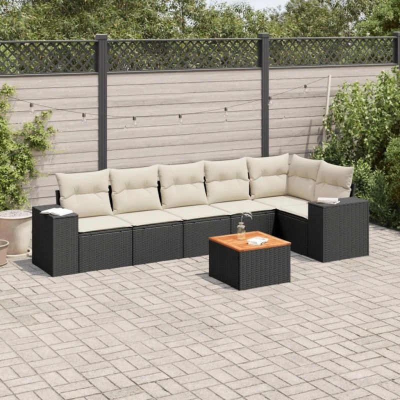 Havesofasæt 7 dele i sort polyrattan inkl. hynder