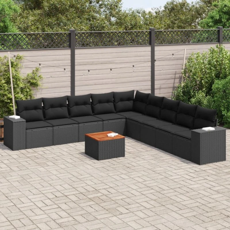 Havesofasæt 10 dele i sort polyrattan inkl. hynder
