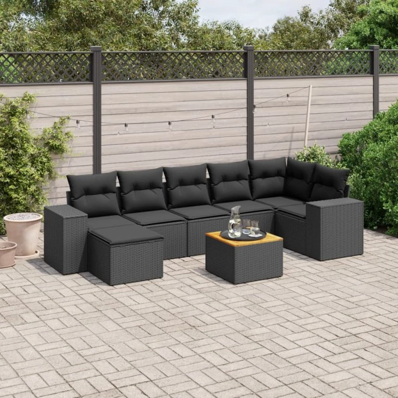 Havesofasæt 8 dele med hynder – sort polyrattan