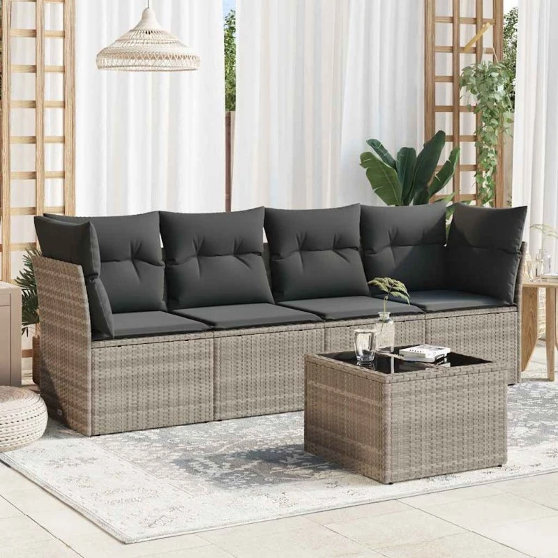 Sofasæt 5 dele i lysegrå polyrattan med hynder