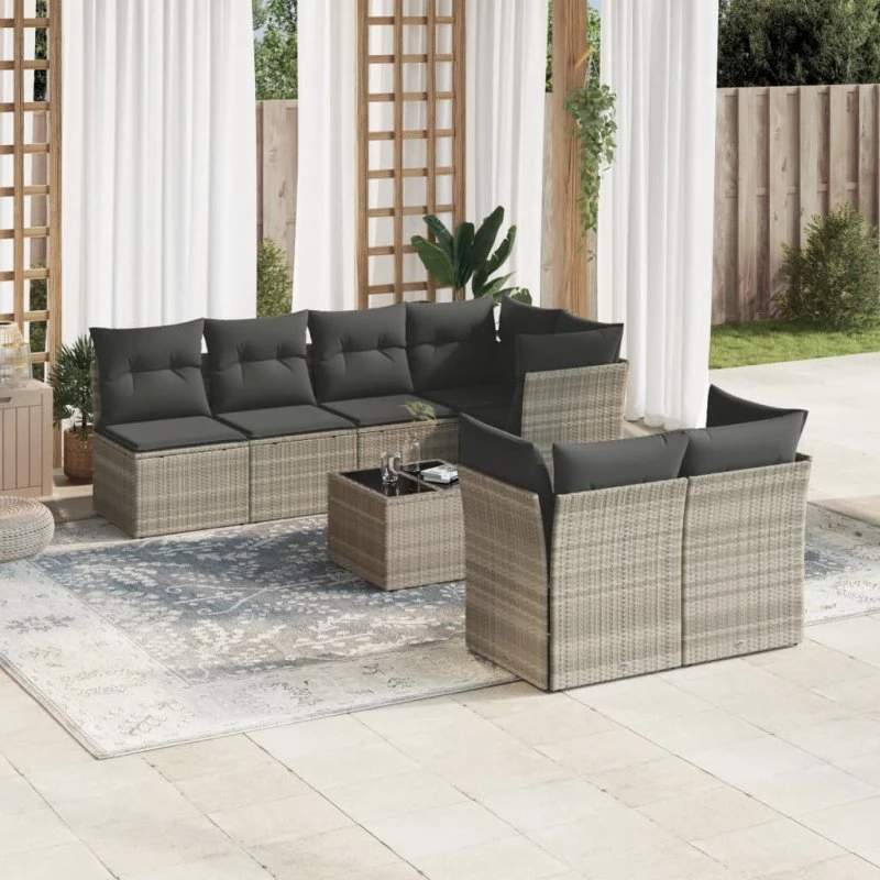 Havesofasæt 8 dele i polyrattan med hynder, lysegrå