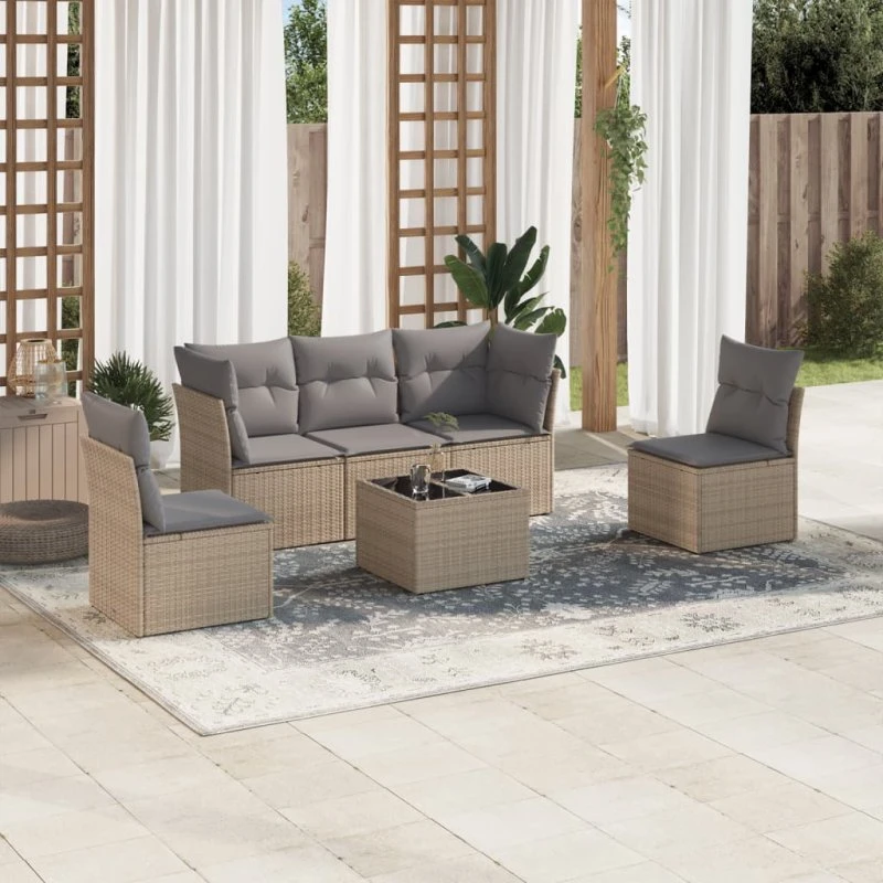 Havesæt 6 dele i polyrattan med hynder - beige