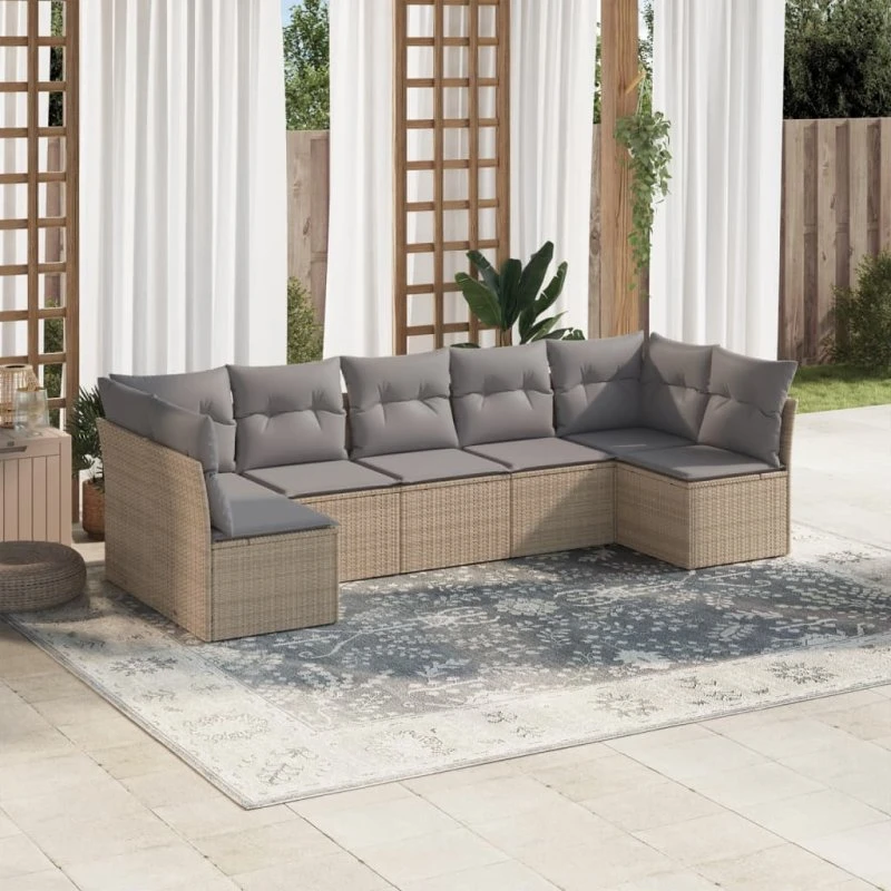 7-dele polyrattan sofasæt til haven med hynder – beige