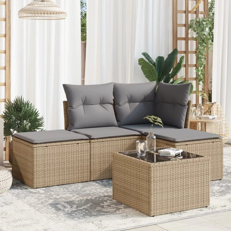 5-dele havemøbelsæt i polyrattan med hynder – beige
