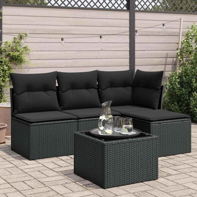 5-dele sofasæt til haven i sort polyrattan med hynder