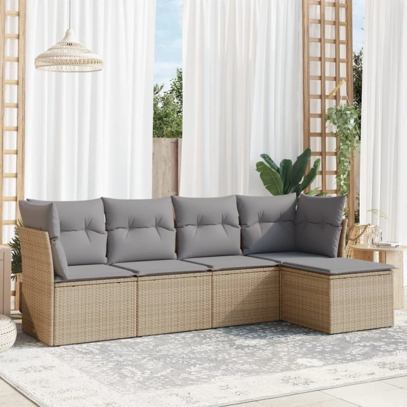 5-dele havemøbelsæt i polyrattan med hynder - beige