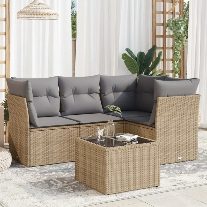 5-dele havesofasæt i polyrattan med hynder - beige