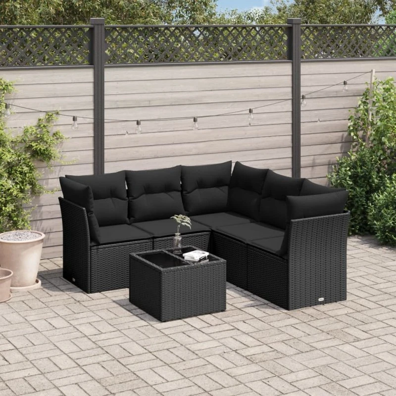 Sofasæt til haven 6 dele i sort polyrattan med hynder