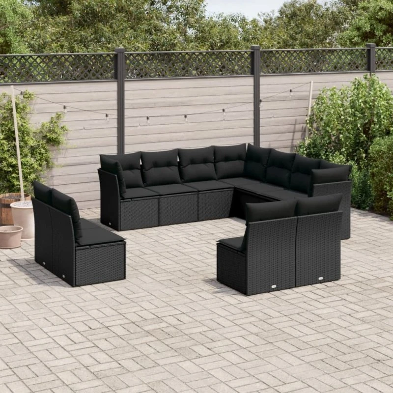 Havesofasæt i polyrattan 11 dele med hynder, sort