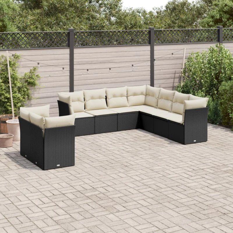 Havesofasæt 9 dele i sort polyrattan med hynder