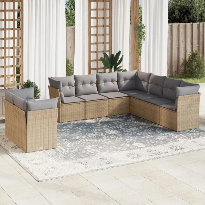 Havesofasæt 9 dele i polyrattan med hynder – beige