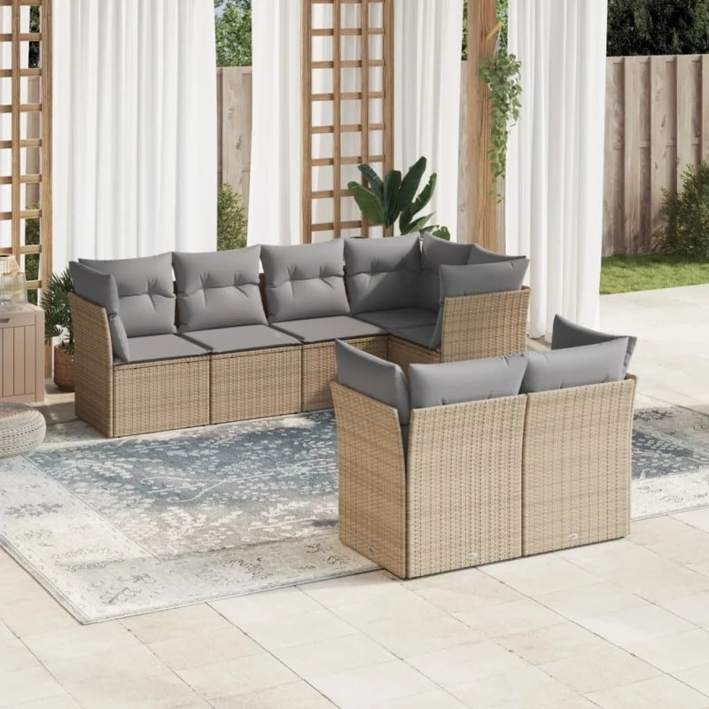 Havesofasæt 7 dele i polyrattan med hynder – beige