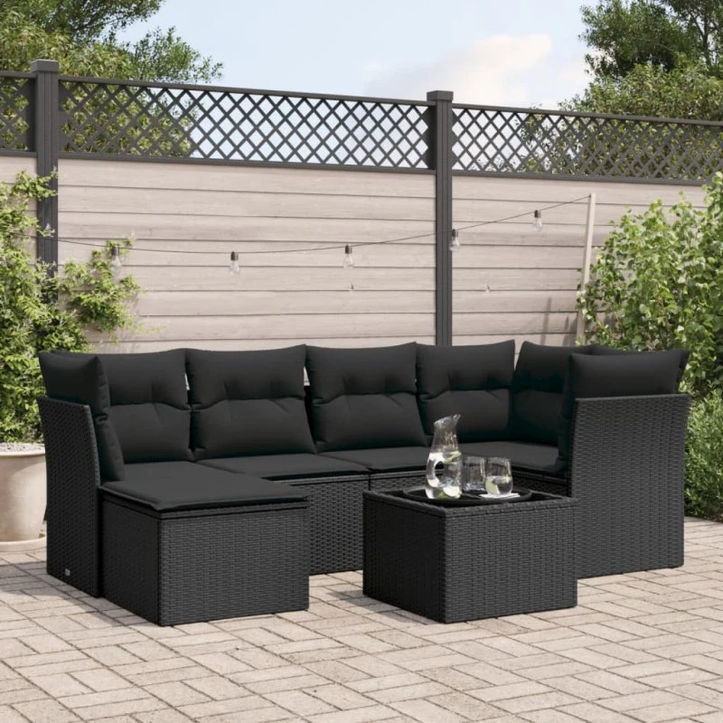Havesofasæt 7 dele i sort polyrattan med hynder