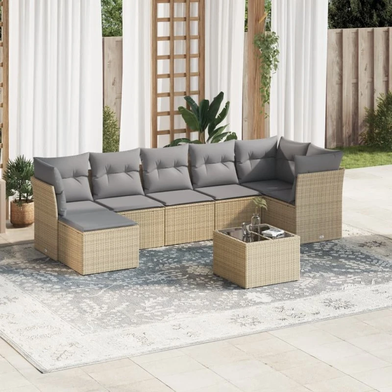 Sofasæt til haven 8 dele polyrattan beige med hynder