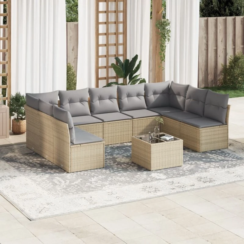 Havesofasæt 10 dele i beige polyrattan med hynder