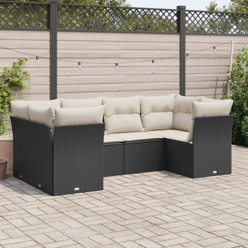 Sofasæt til haven 6 dele i sort polyrattan med hynder