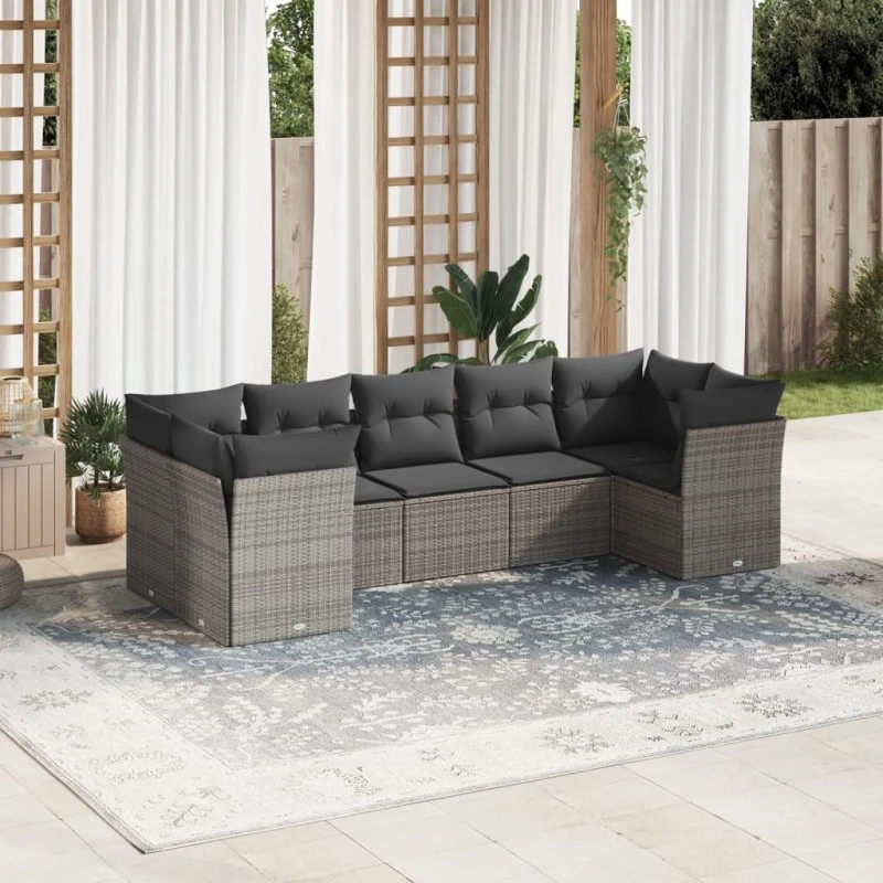 Havesofa sæt 7 dele i grå polyrattan med hynder