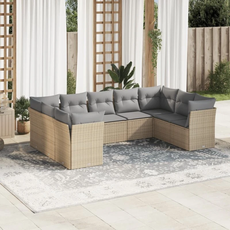 Havesæt 9 dele i polyrattan med hynder – beige