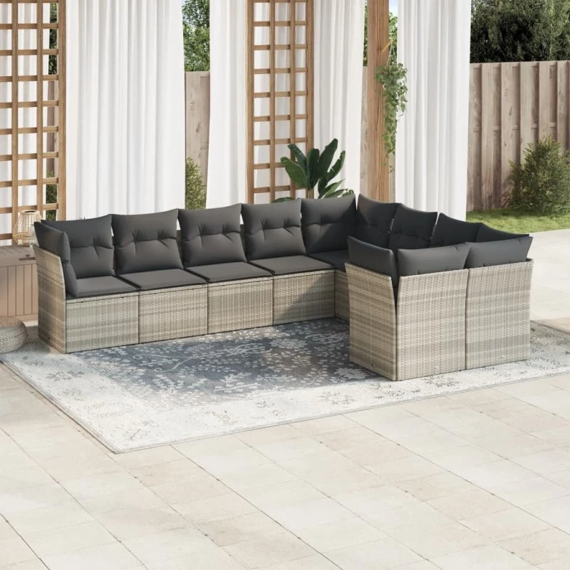 Havesofasæt 9 dele i lysegrå polyrattan med hynder