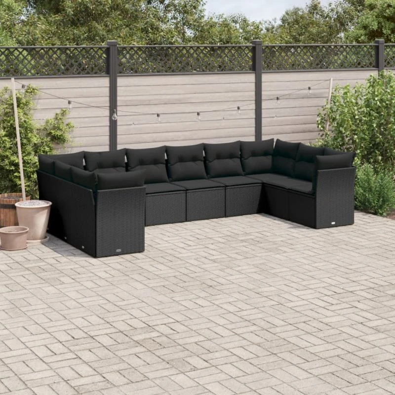 Havesofasæt 10 dele i sort polyrattan med hynder