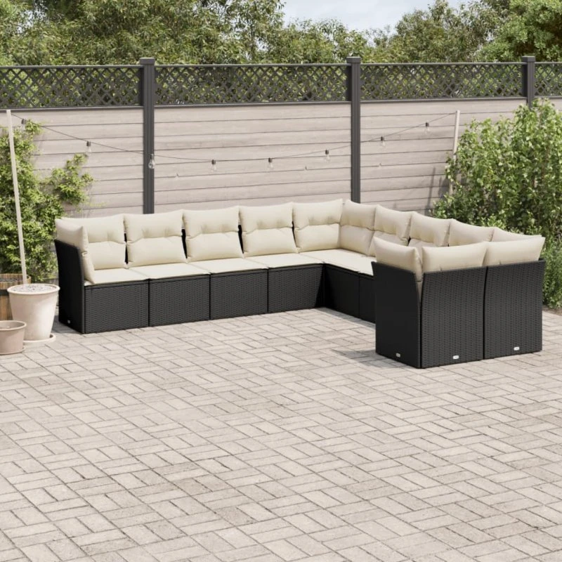 Havesofasæt 10 dele i polyrattan med hynder - sort
