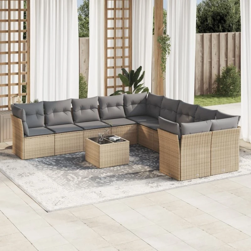 11-dele havemøbelsæt i polyrattan med hynder – beige