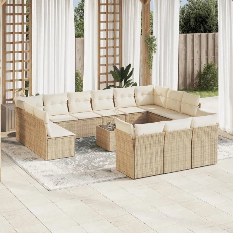 Havesofasæt 14 dele polyrattan med hynder – beige