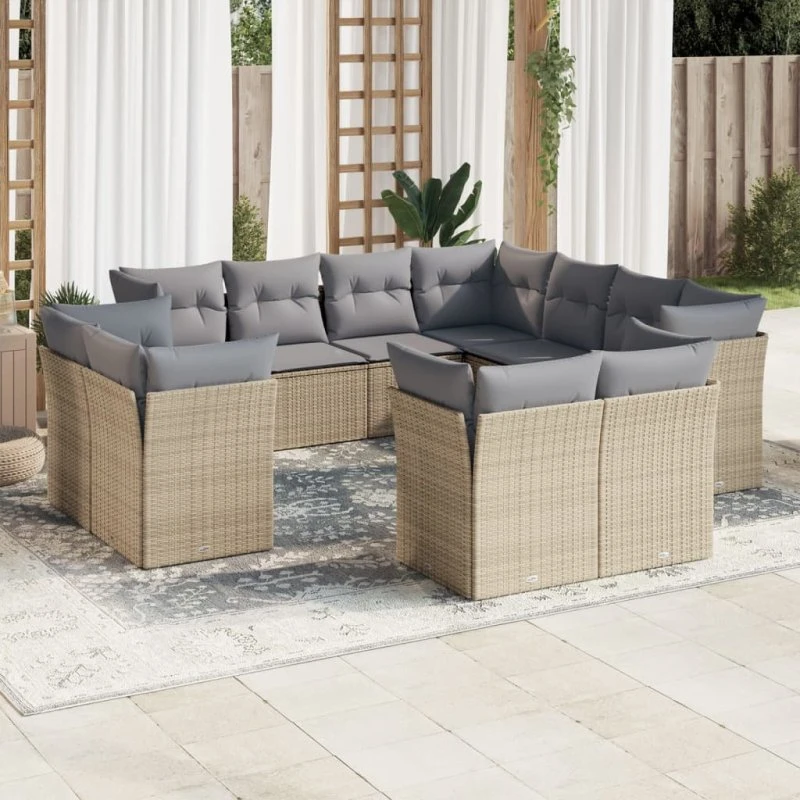 Havesofasæt 11 dele i polyrattan med hynder - beige
