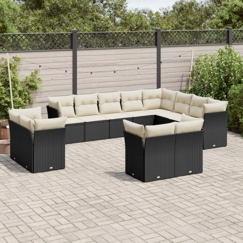Havesofasæt 12 dele i polyrattan med hynder, sort