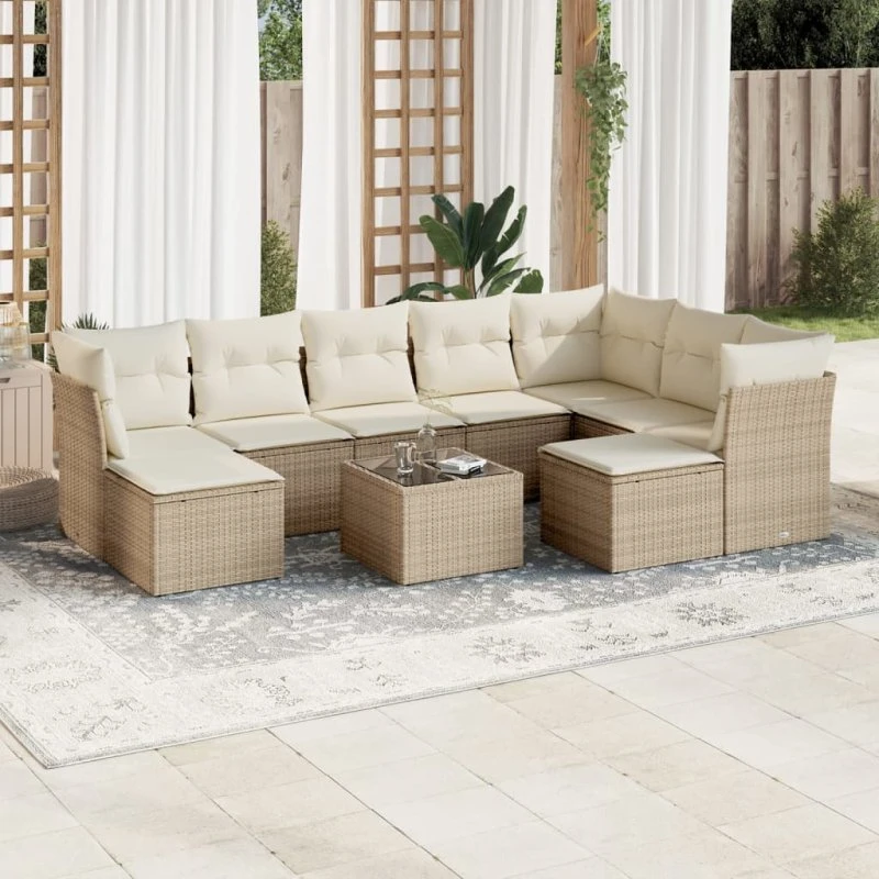 Havesæt 10 dele i polyrattan med hynder, beige