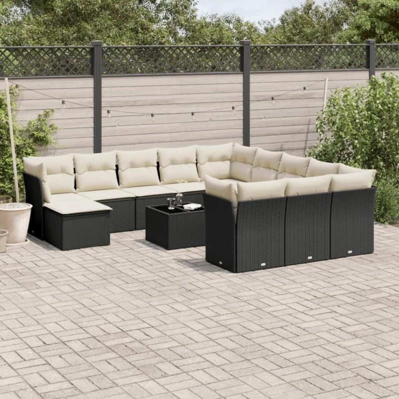 Havesofasæt 13 dele i polyrattan med hynder, sort