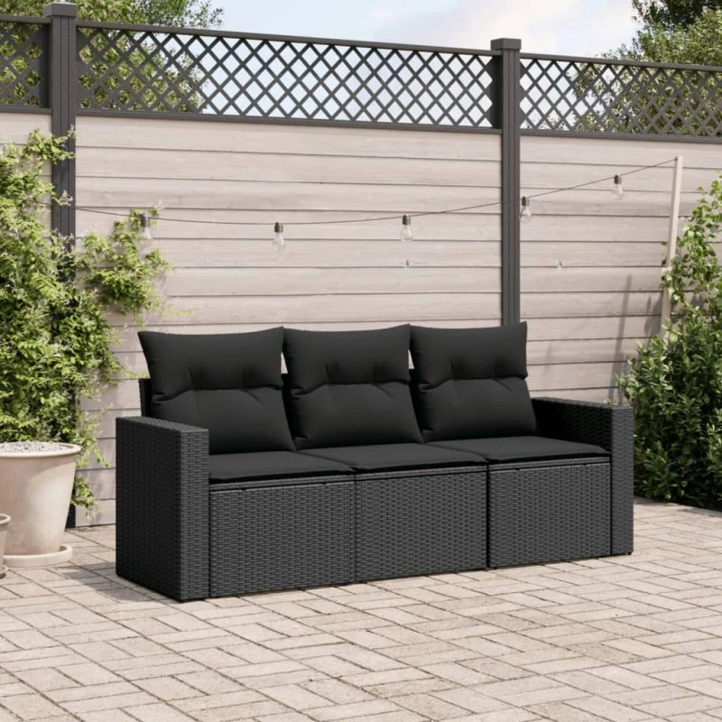 Sofasæt til haven 3 dele i sort polyrattan med hynder