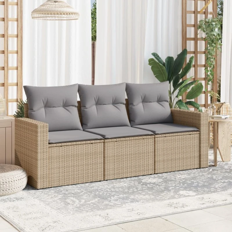 Sofasæt til haven 3 dele i polyrattan med hynder - beige