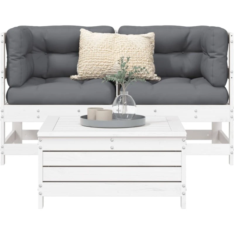 Hvid 3-dele loungesæt i massivt fyrretræ