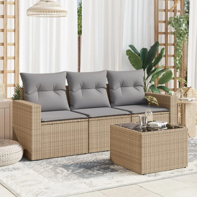 Havesofasæt 4 dele i polyrattan med hynder – beige