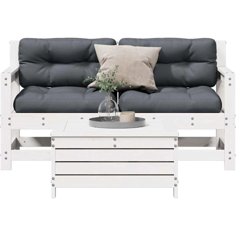 Hvid 3-dele loungesæt i massivt fyrretræ med hynder