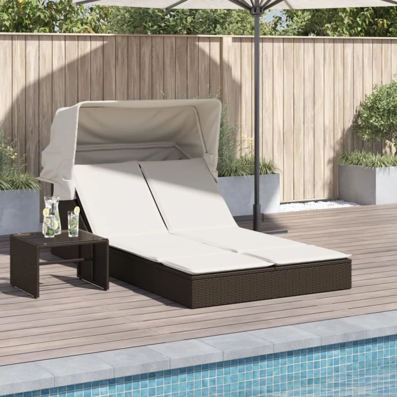 Solseng med baldakin og hynder i brun polyrattan
