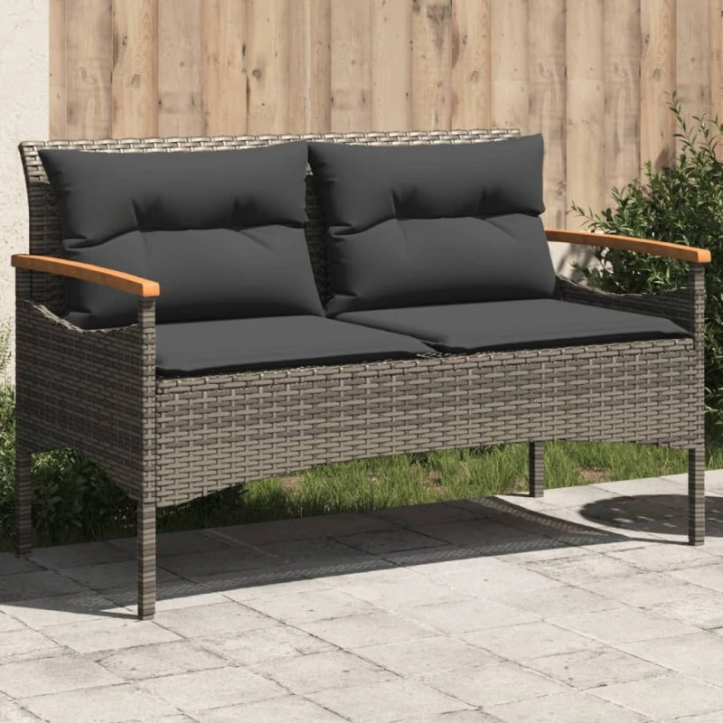Havebænk med hynder 116x62,5x74 cm – polyrattan grå