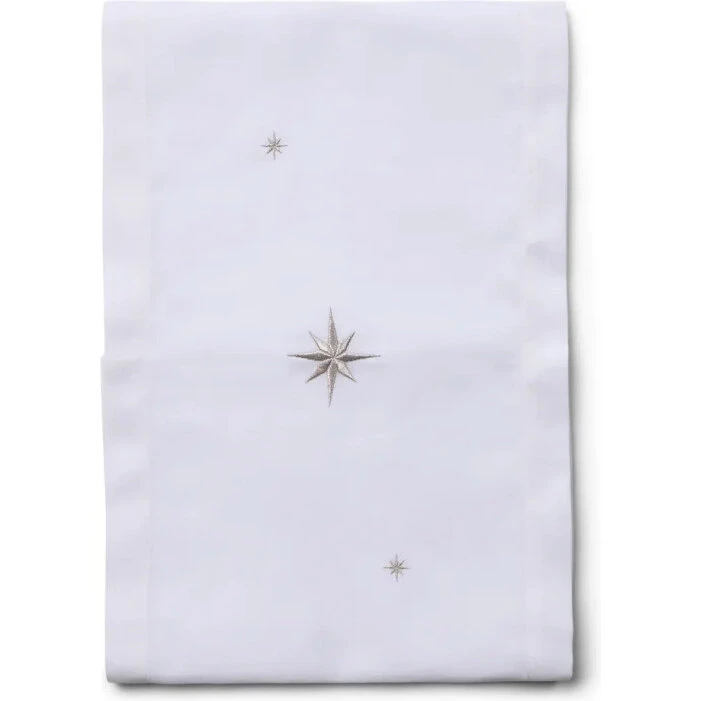 Langkilde & Søn hvid bordløber 30 x 175 cm med broderede sølvstjerner
