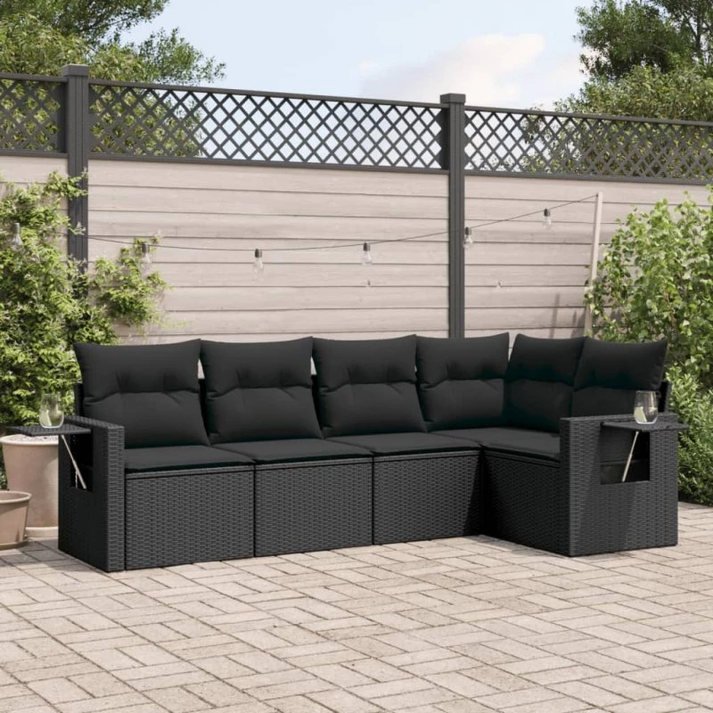 5-dele havesofasæt i sort polyrattan inkl. hynder