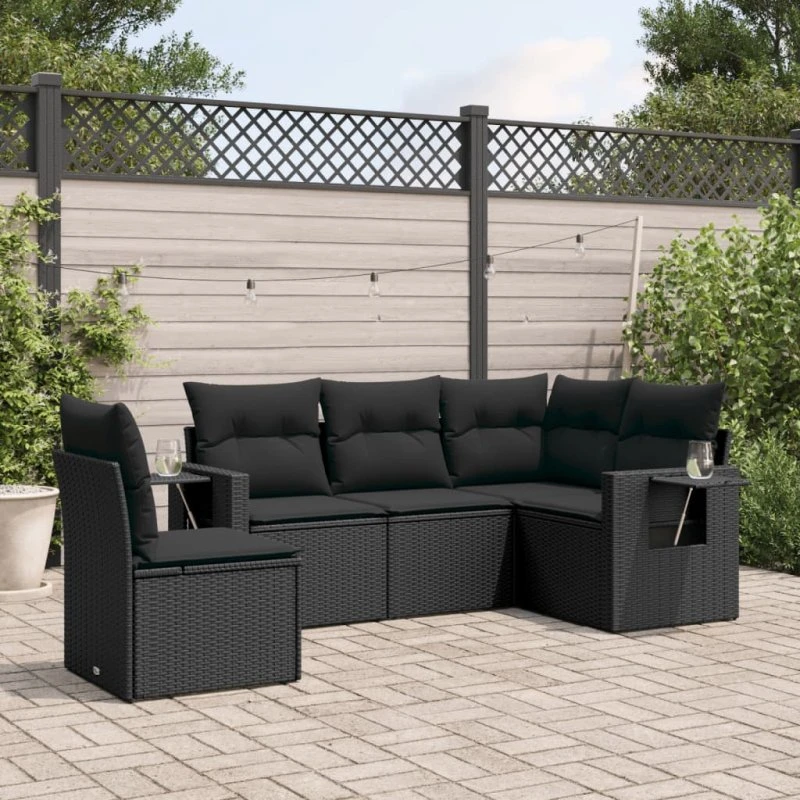 Havesofasæt 5 dele i sort polyrattan med hynder