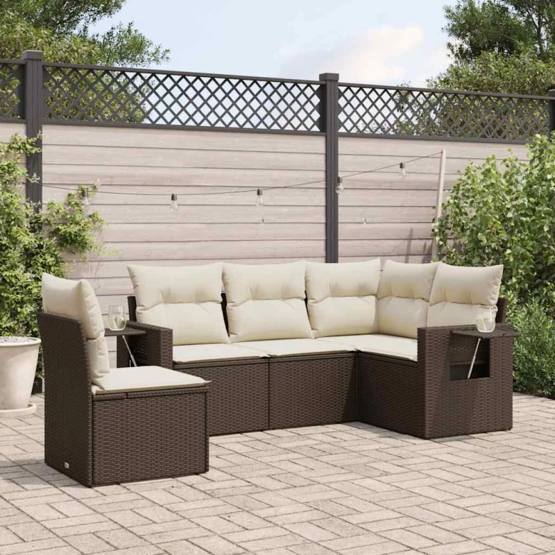 Havesofasæt 5 dele i polyrattan med hynder, brun