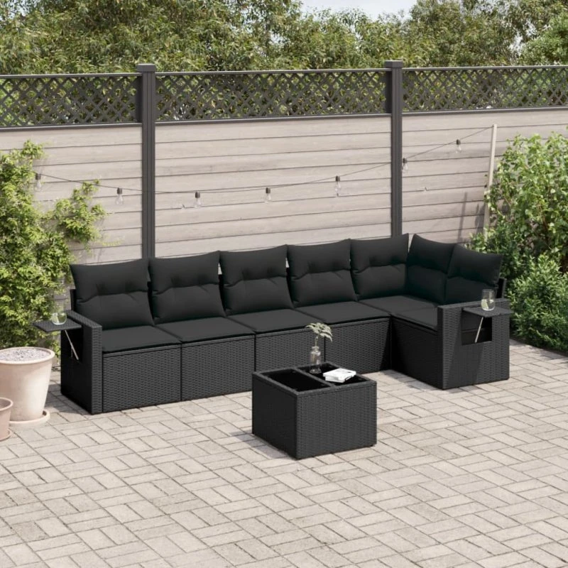 Havesofa sæt 7 dele i sort polyrattan med hynder