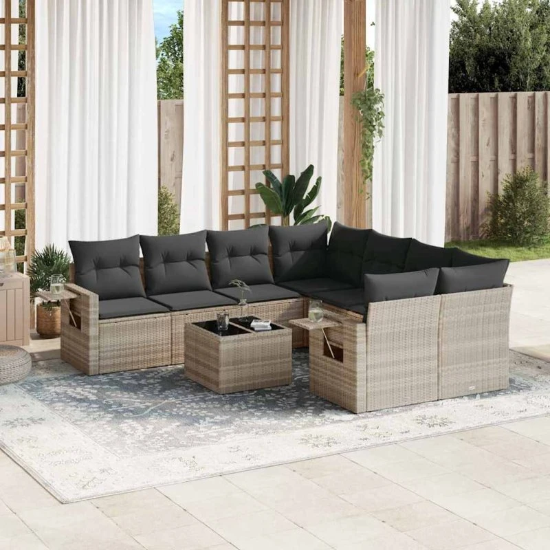 Havesofasæt 9 dele i polyrattan med hynder, lysegrå