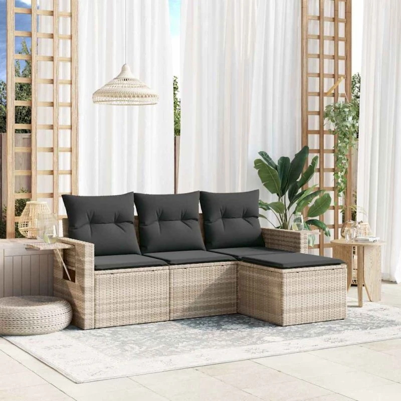 Sofasæt til have 4 dele i lysegrå polyrattan med hynder