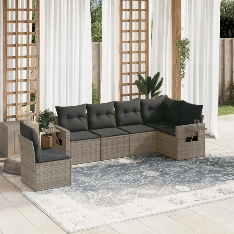 Havesofasæt 6 dele i grå polyrattan med hynder
